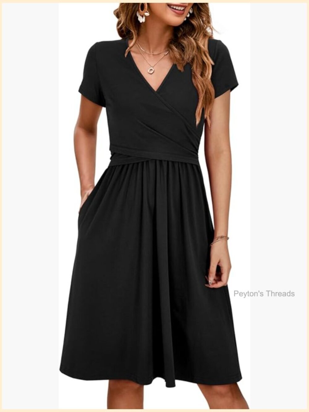 Maternity Nursing Dress Wrap V-Neck Short Sleeve with Pockets
